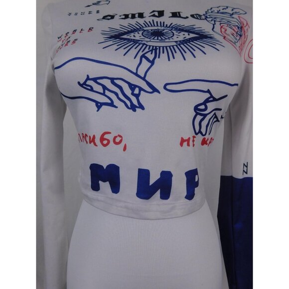 SHEIN Shirt Womens Medium White Blue Red Graphic Mock Neck Long Sleeve Crop - Picture 5 of 12